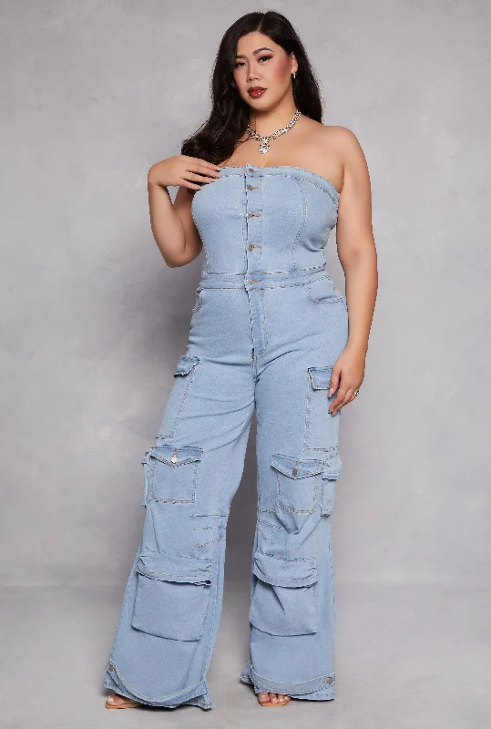 Plus Size Daisy Denim Strapless Cargo Jumpsuit