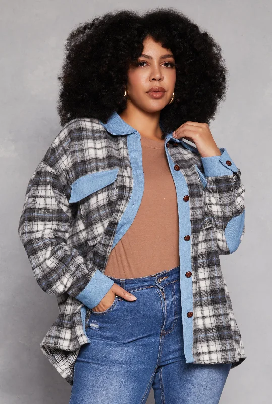 Plus Size Spoon Jeans Denim Trim Plaid Shacket