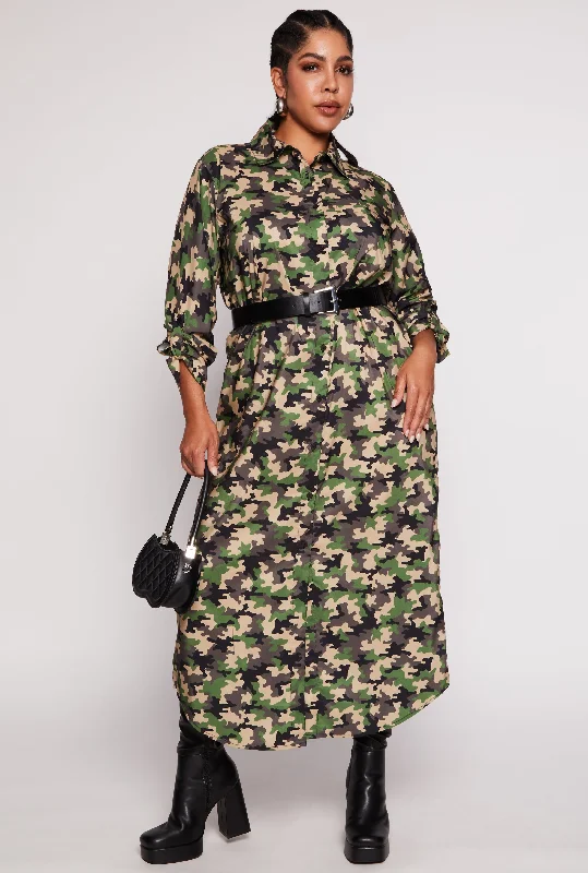 Plus Size Camo Button Front Maxi Shirt Dress