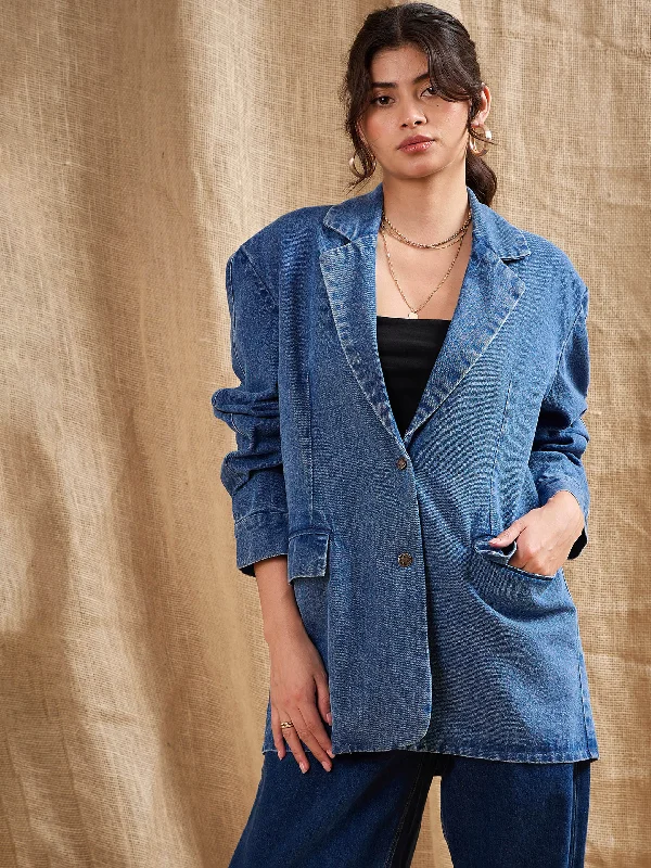 Women Blue Denim Washed Oversized Notch Collar Blazer