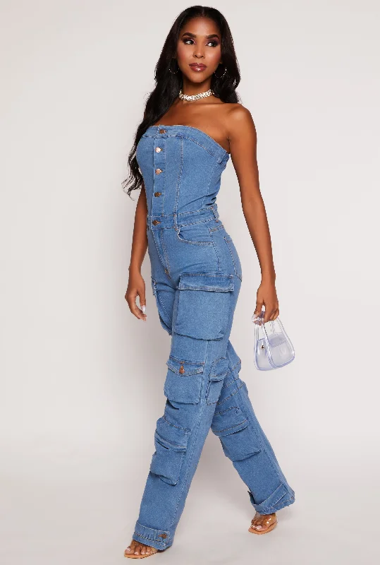 Daisy Denim Strapless Button Front Cargo Jumpsuit