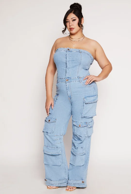 Plus Size Daisy Denim Strapless Utility Jumpsuit