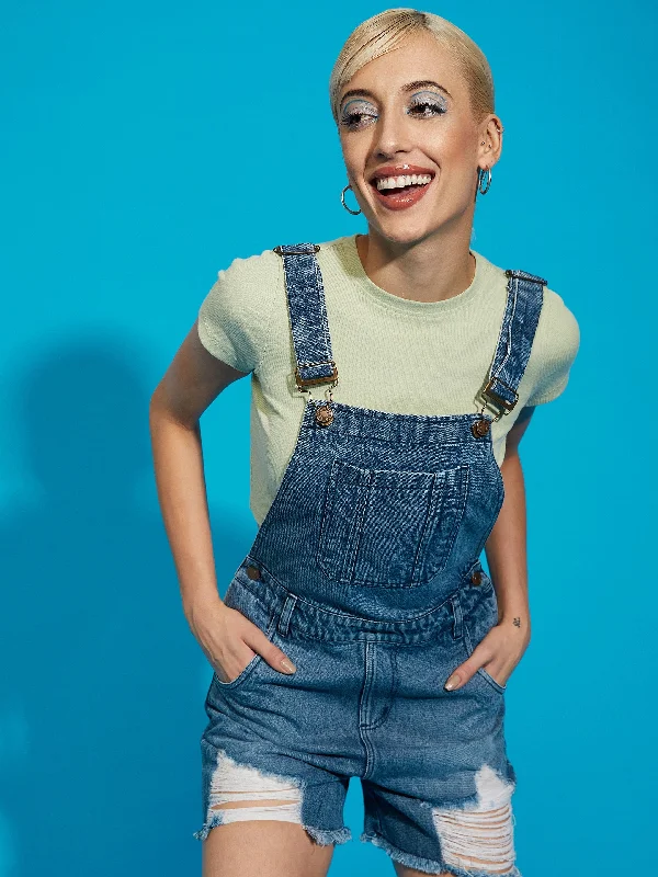 Women Blue Denim Distress Dungaree