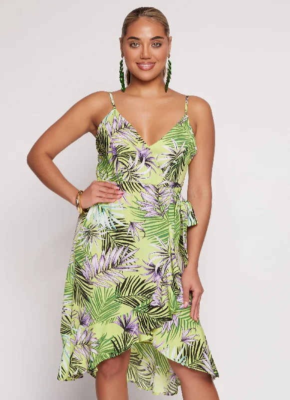 Tropical Print Faux Wrap Tulip Hem Dress