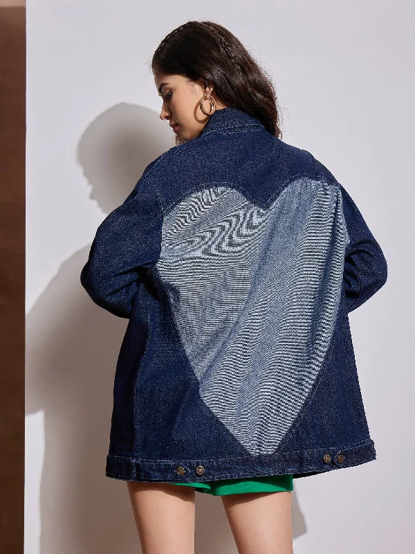 Women Navy Blue Denim Back Heart Patch Shacket