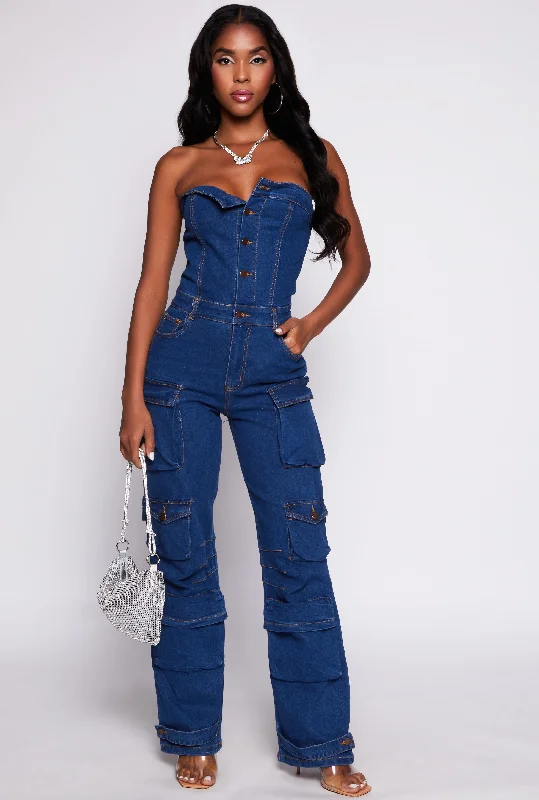 Daisy Denim Strapless Button Front Cargo Jumpsuit